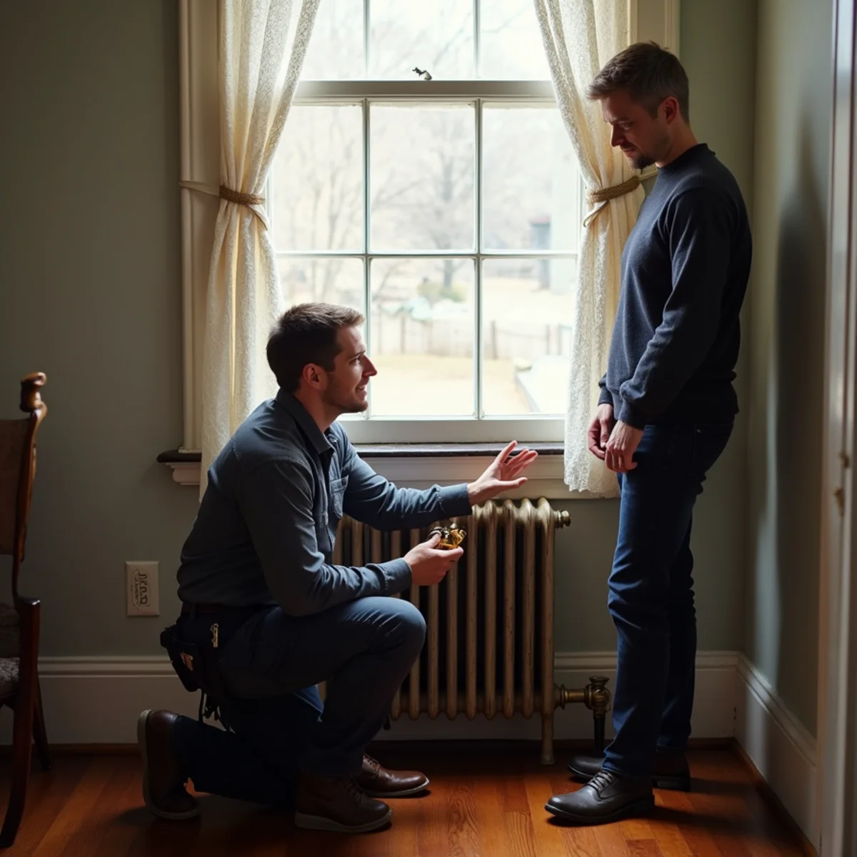 HVAC technician explaining a steam radiator air vent to a homeowner in a Newburgh, NY Victorian