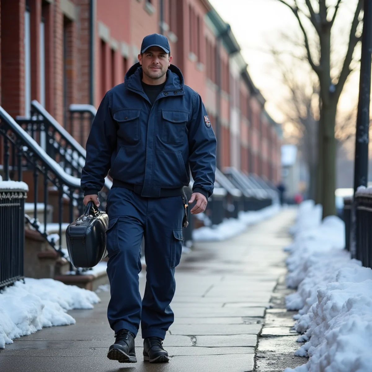 HVAC technician walking along a snowy sidewalk of brick rowhouses in Newburgh, NY with a tool bag
