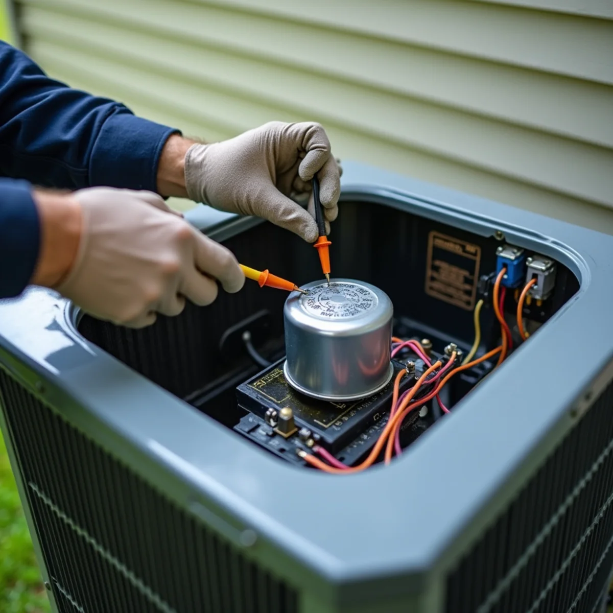 Technician testing a run capacitor inside an AC condenser during a summer repair in Newburgh, NY