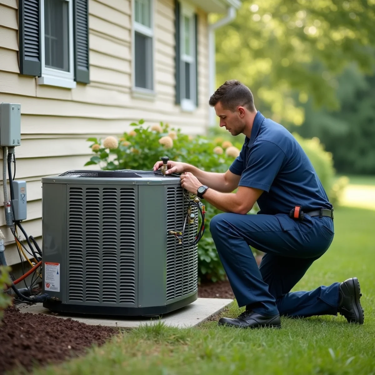 Technician servicing a central air condenser beside a colonial in the Town of Newburgh, NY
