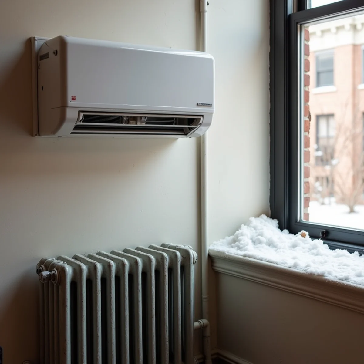Ductless heat pump head high on a plaster wall above a cast-iron radiator in a Newburgh, NY rowhouse