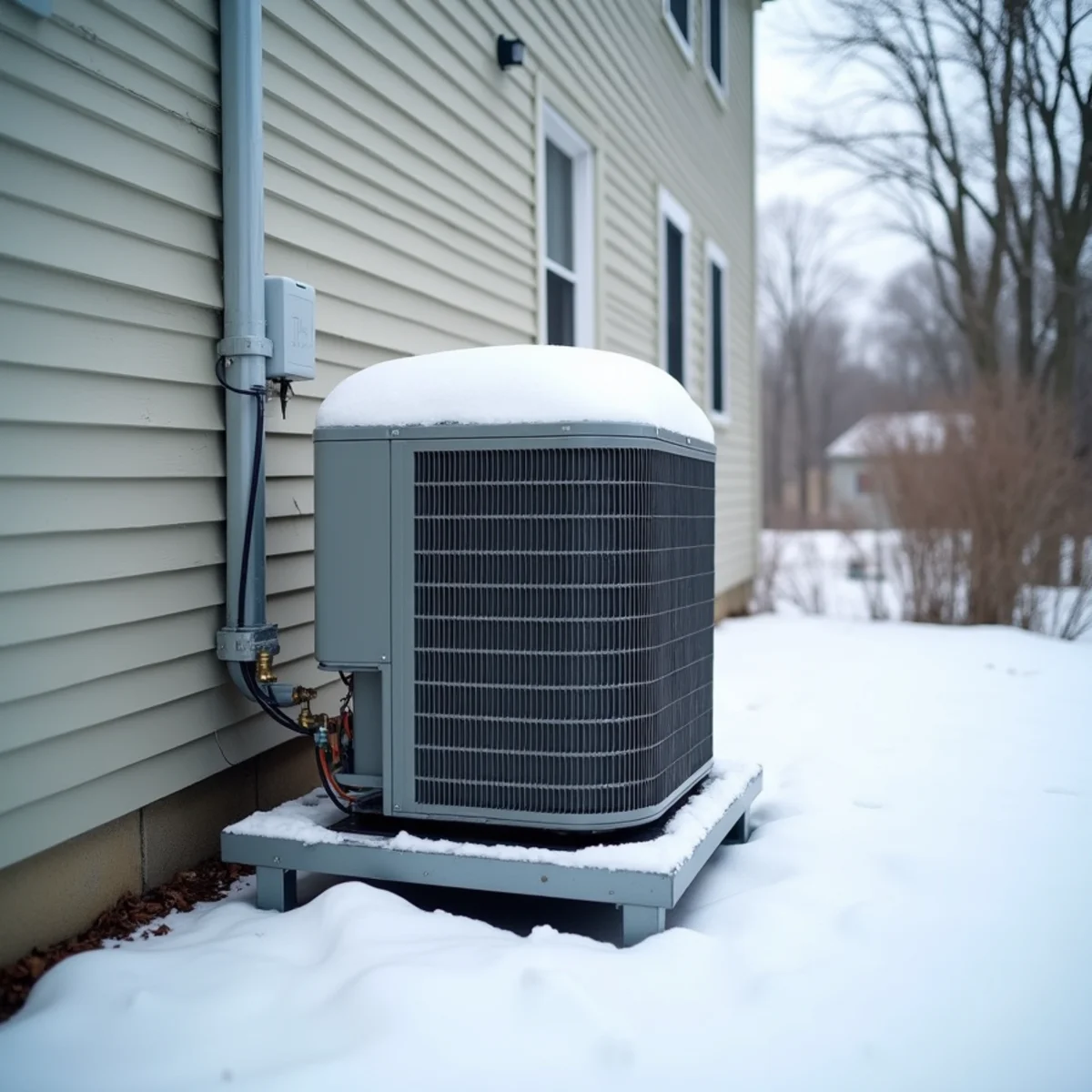 Cold-climate heat pump outdoor unit on a raised stand above the snow beside a Fishkill, NY colonial