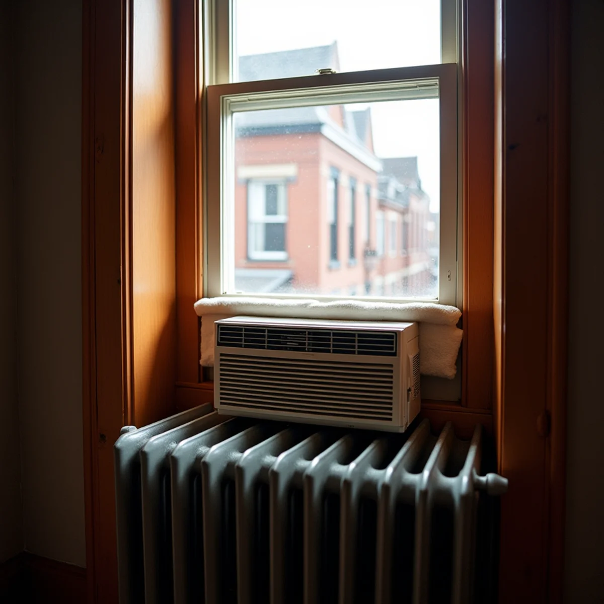 Window air conditioner fitted in a tall double-hung sash window of a Newburgh, NY brick rowhouse