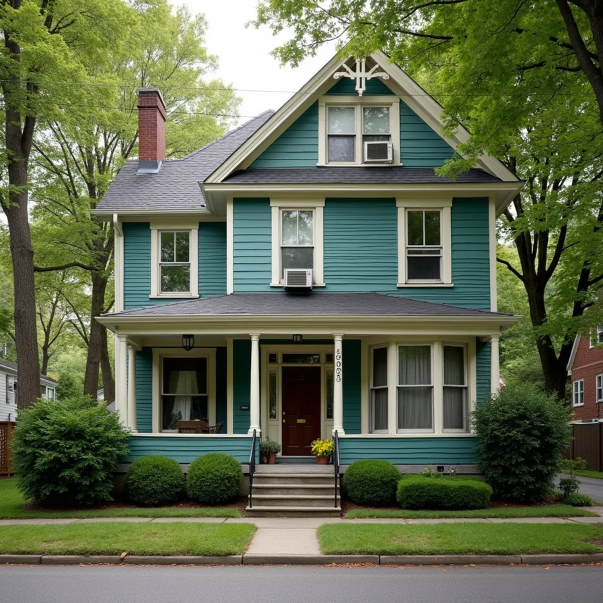 Victorian house in Beacon, NY on a hazy July afternoon with window air conditioners in the upper windows