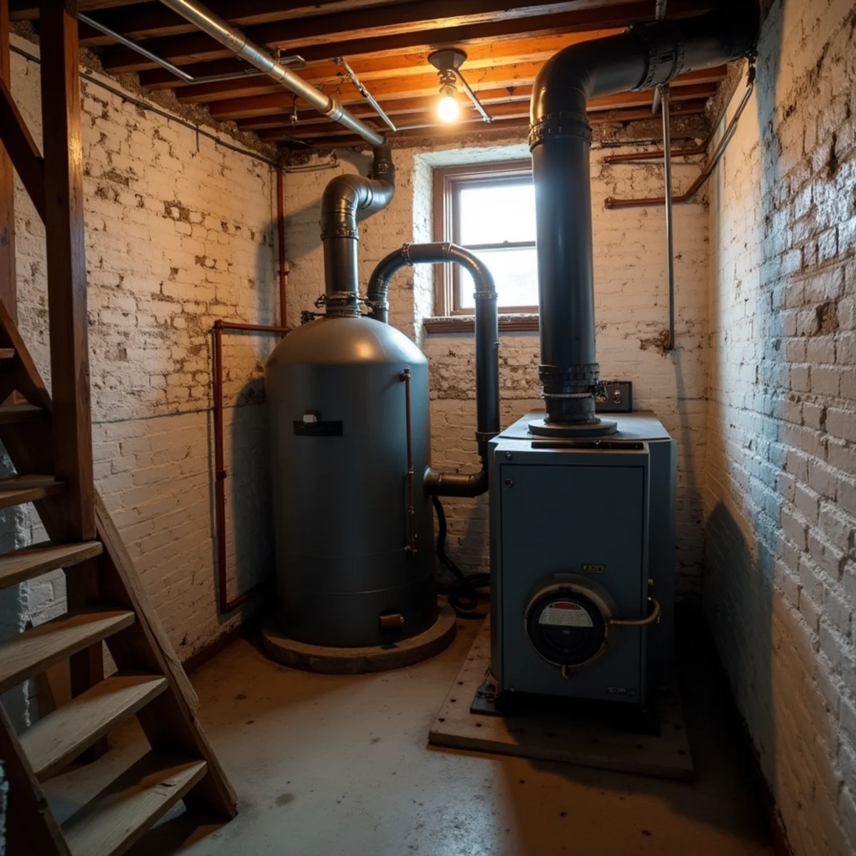 Steam boiler with a sight glass and insulated piping in a low-ceiling Newburgh, NY rowhouse basement