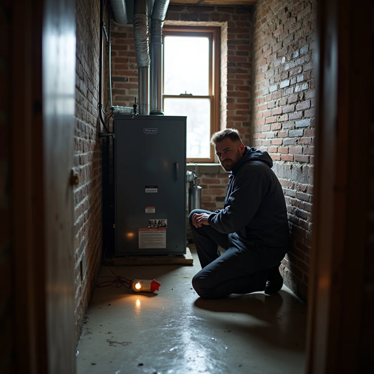 Technician inspecting an oil-fired cast-iron boiler in a narrow Newburgh, NY rowhouse basement
