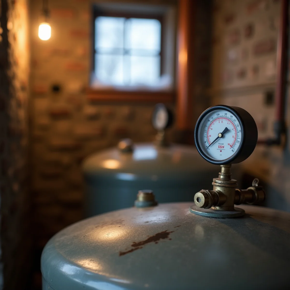 Float gauge on top of a heating oil tank in a New Windsor, NY basement, with a cast-iron boiler behind it