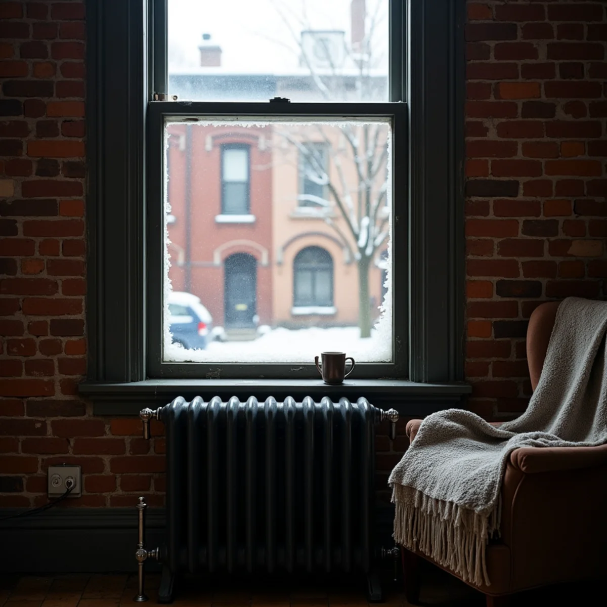 Cold front room of a Newburgh, NY brick rowhouse in winter with a cast-iron radiator under a frosted window