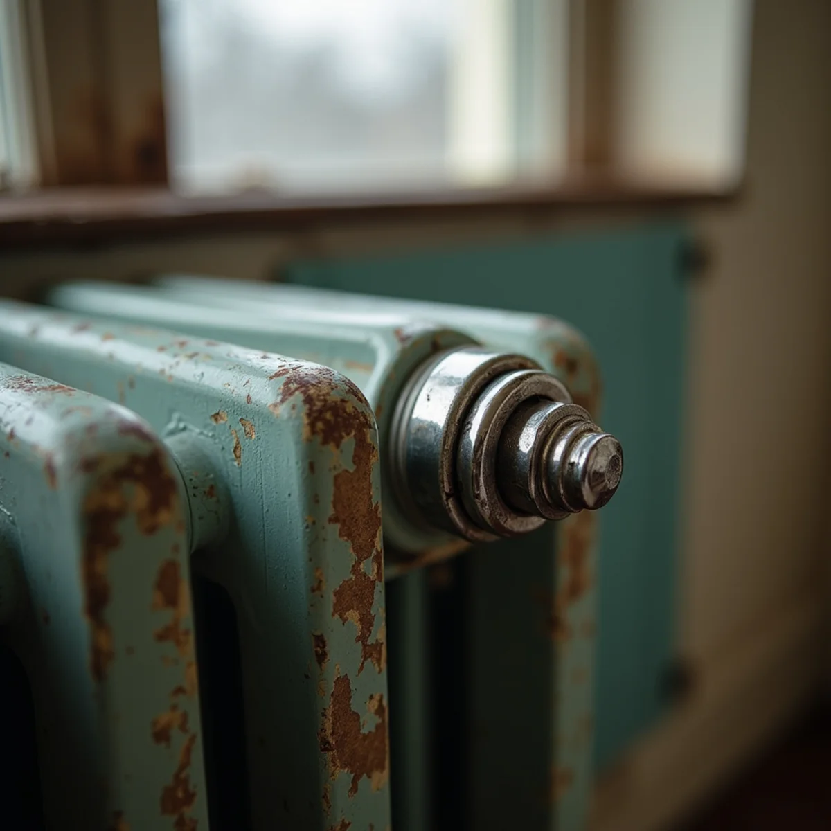 Close view of a chrome air vent on a cast-iron steam radiator in a Newburgh, NY rowhouse