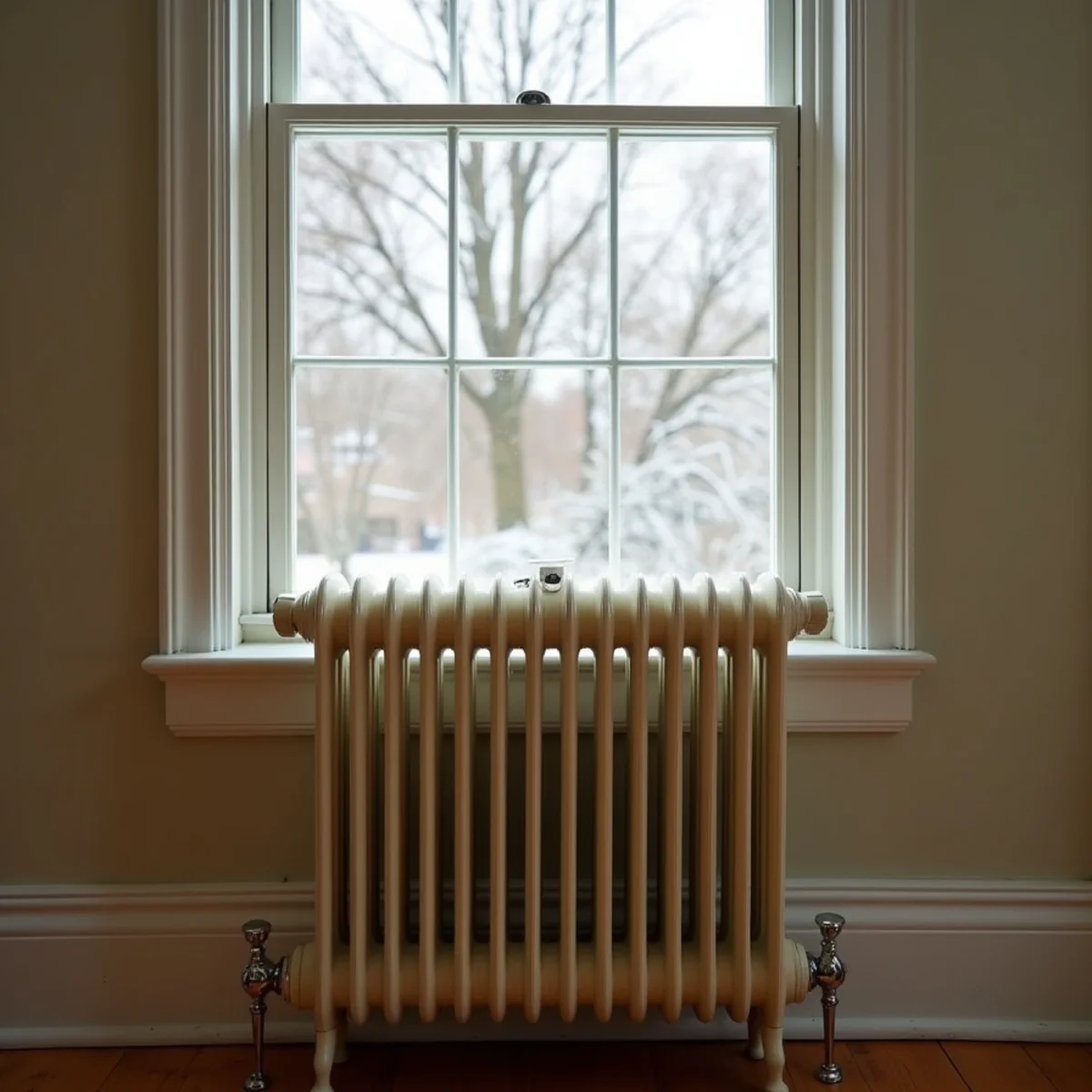 Painted cast-iron steam radiator with an air vent under a tall window in a Beacon, NY Victorian