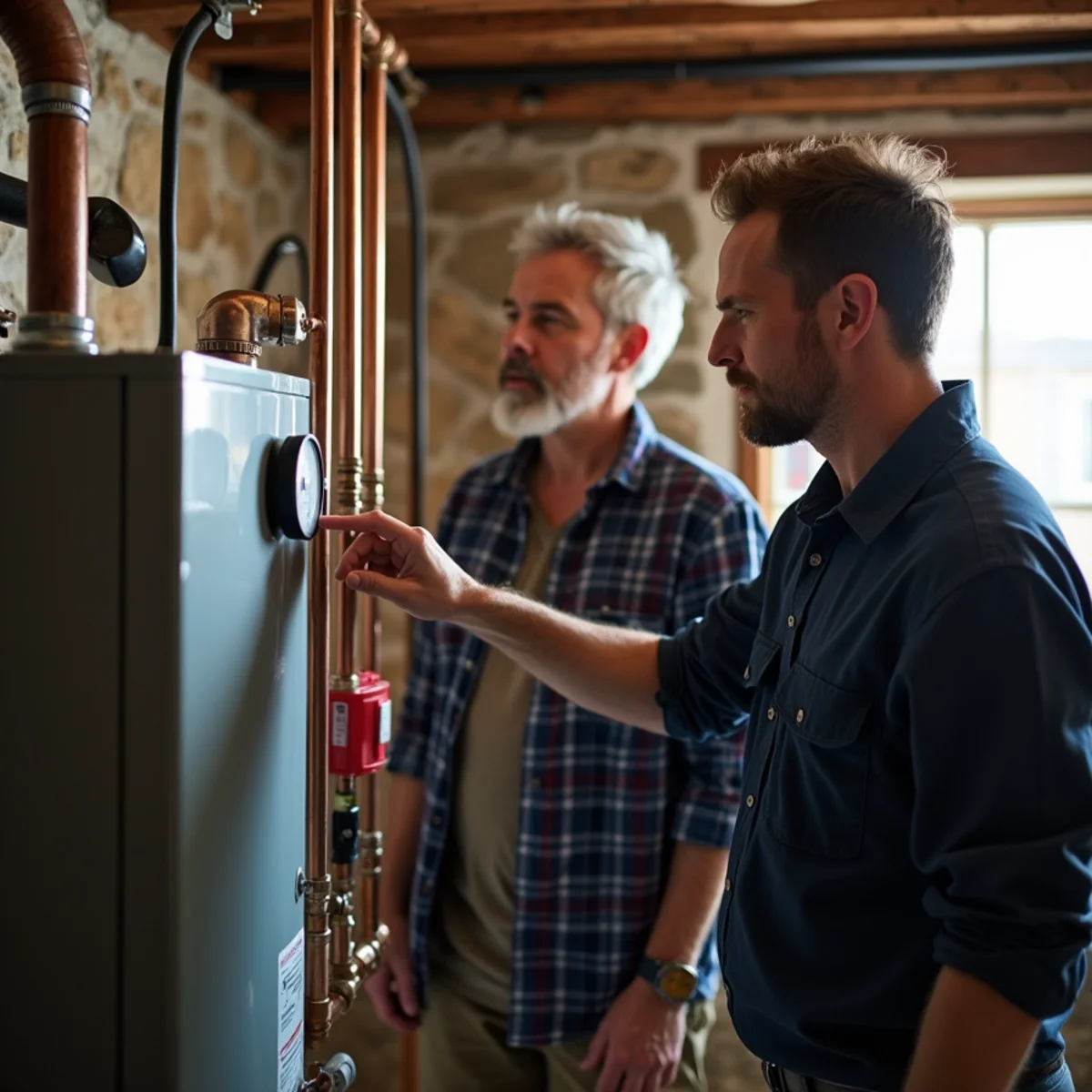 HVAC technician showing a Newburgh, NY homeowner the controls on a basement boiler