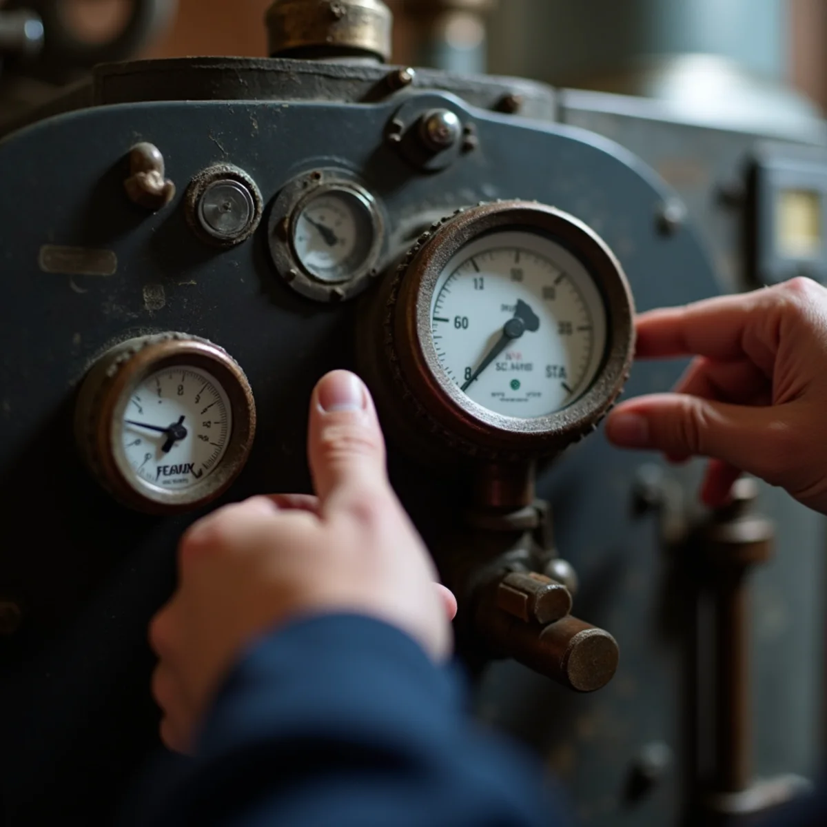 Pressure gauges on an older boiler checked by hand during boiler repair in Newburgh, NY
