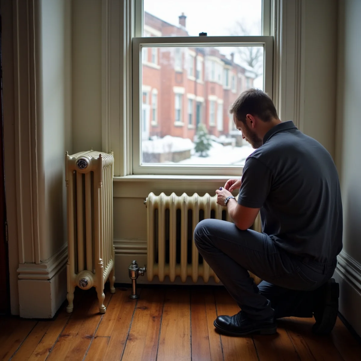 Cast-iron radiator with a steam air vent under a tall window in a Newburgh, NY Victorian