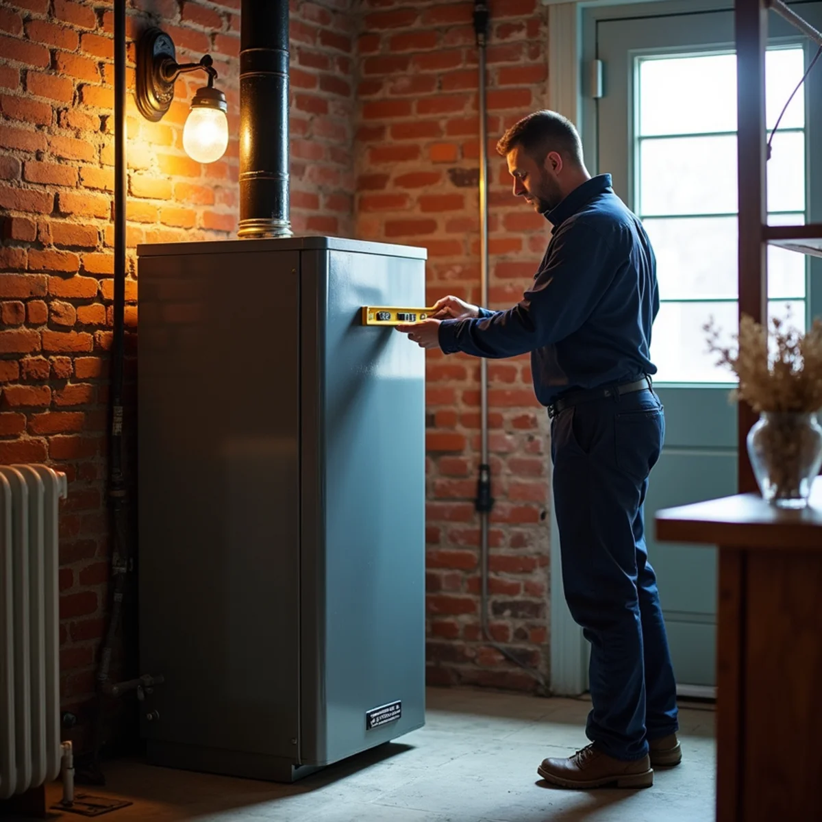 Newly installed cast-iron boiler with a stainless chimney liner connection in a Newburgh, NY basement