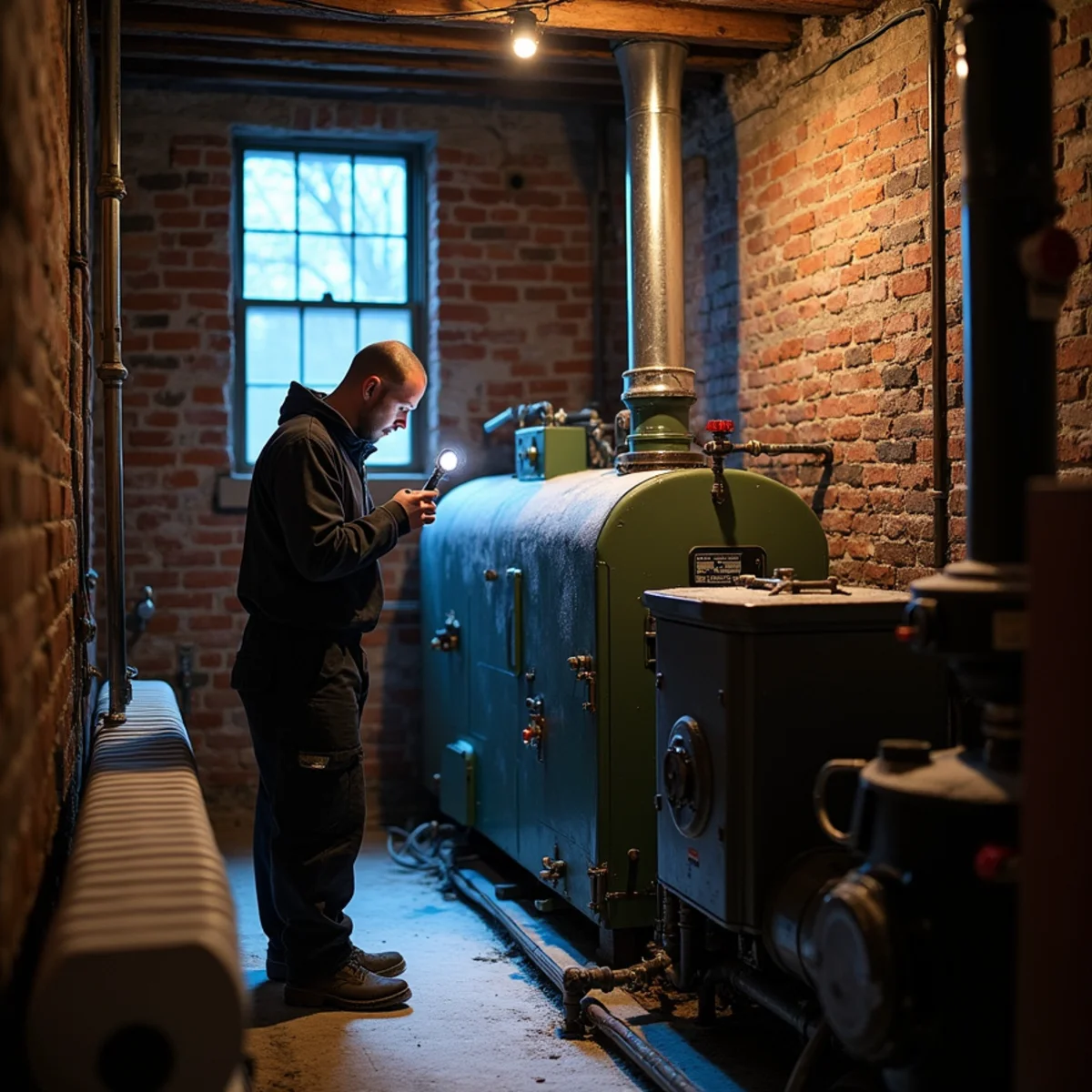 Cast-iron steam boiler in the brick basement of an East End rowhouse in Newburgh, NY