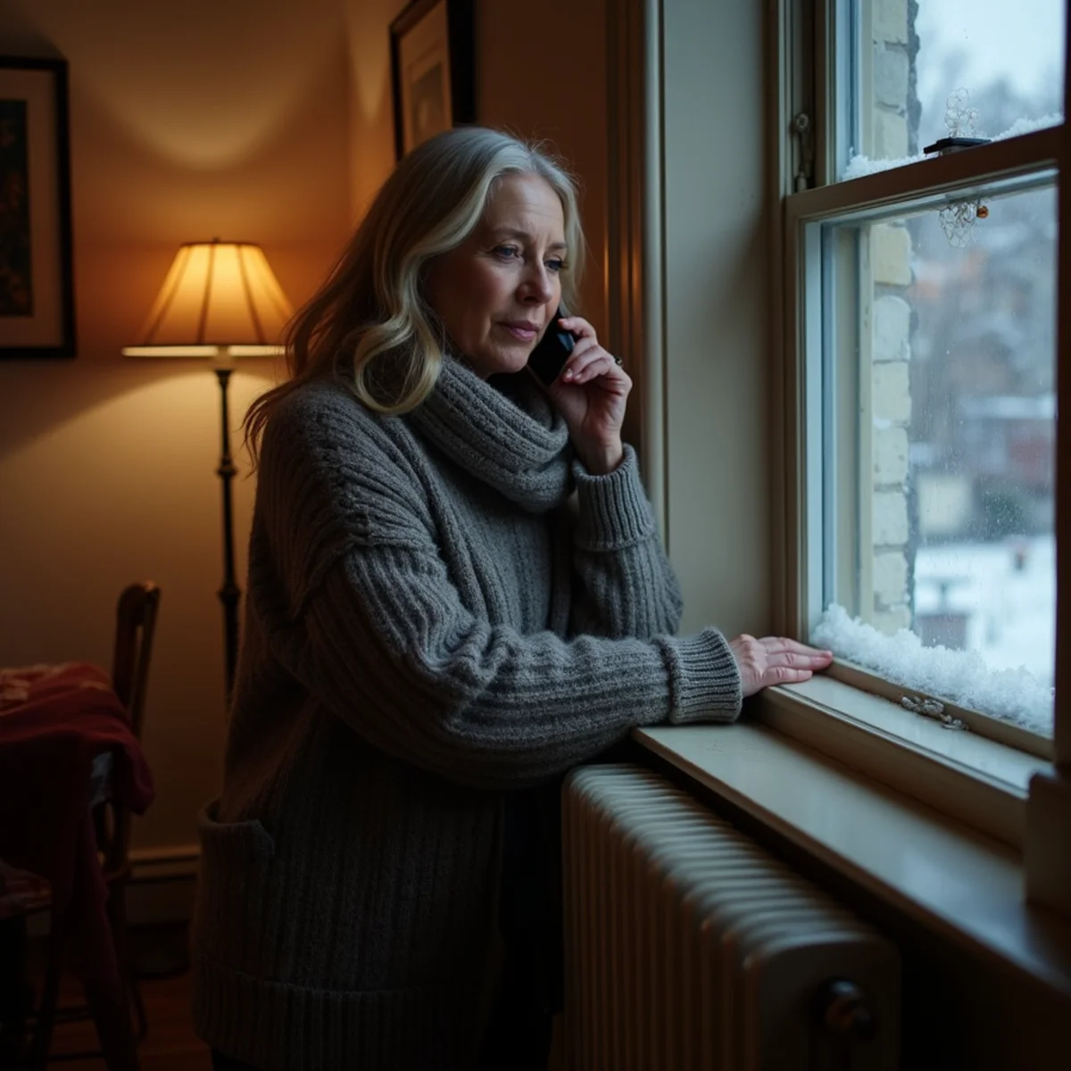 Homeowner on the phone beside a radiator in a cold Newburgh, NY living room on a winter night