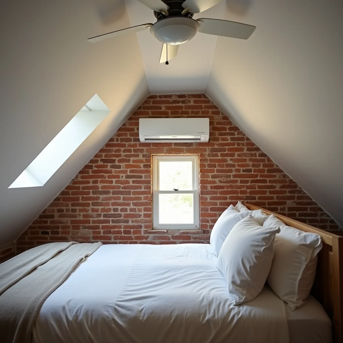 Ductless mini-split indoor unit on the knee wall of a converted attic bedroom in a Newburgh, NY rowhouse