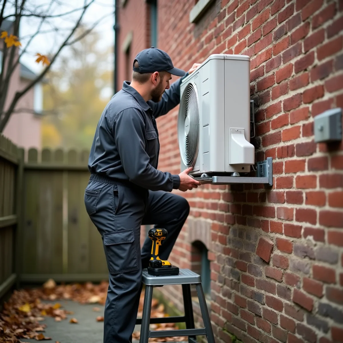 Technician setting a mini-split outdoor unit on a wall bracket above snow height behind a brick house in Newburgh, NY