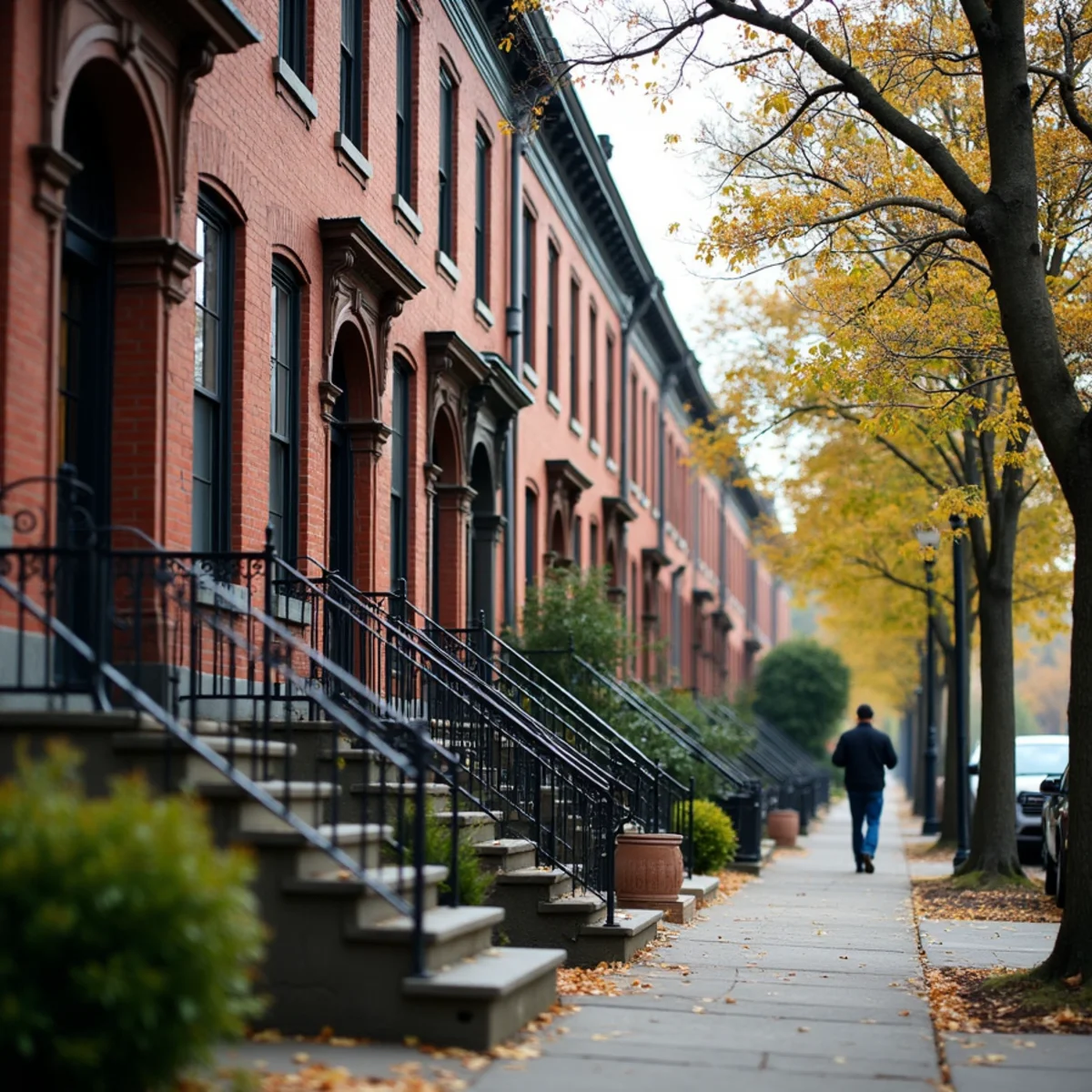 Brick rowhouses and Victorian facades in Newburgh's East End Historic District with no visible HVAC equipment on the street side