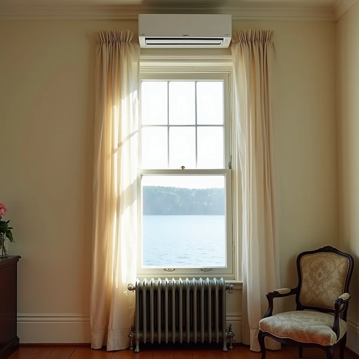 White ductless mini-split head mounted high on a plaster wall above a cast-iron radiator in a Newburgh, NY Victorian parlor