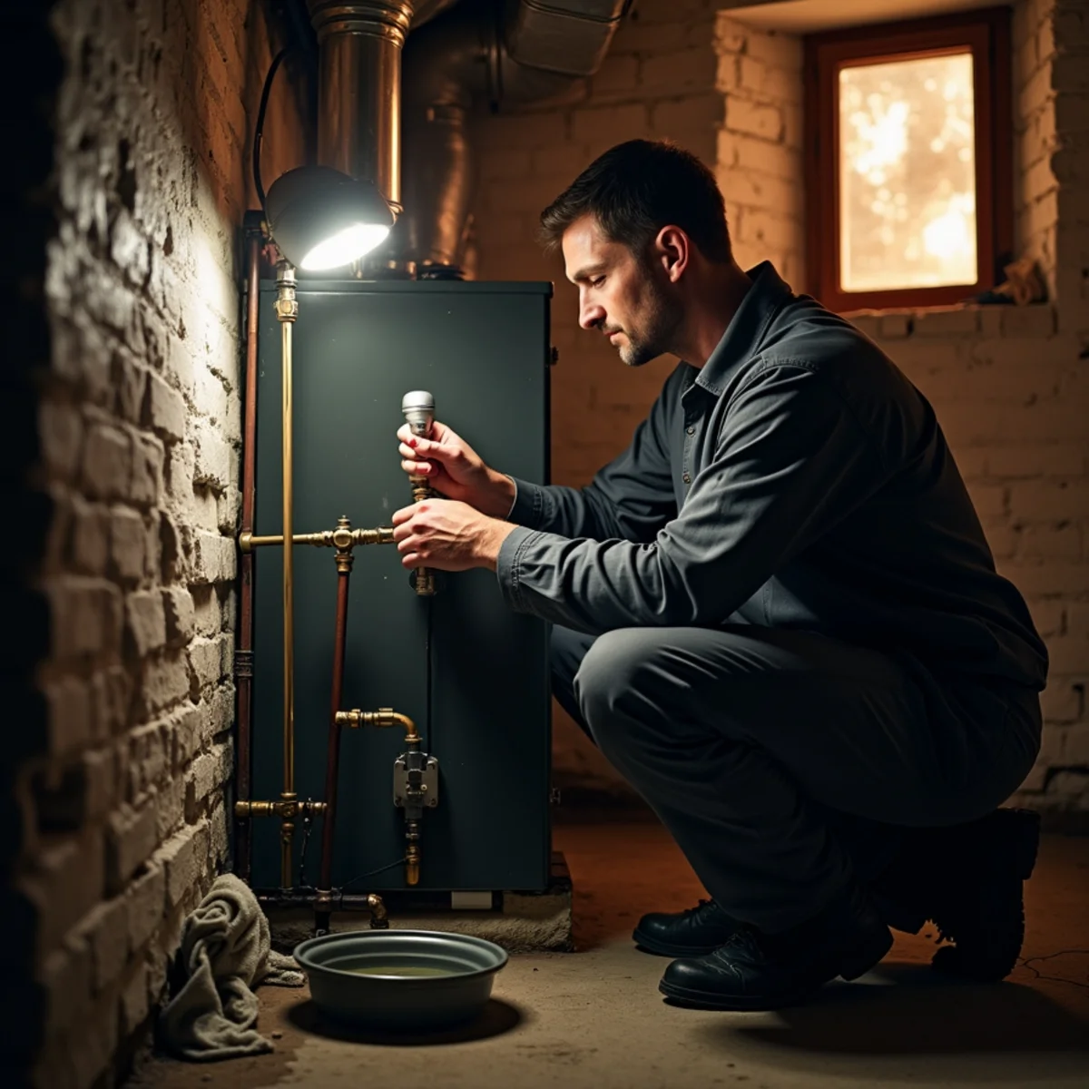 Technician servicing an oil burner on a basement boiler during a no-heat call in Newburgh, NY