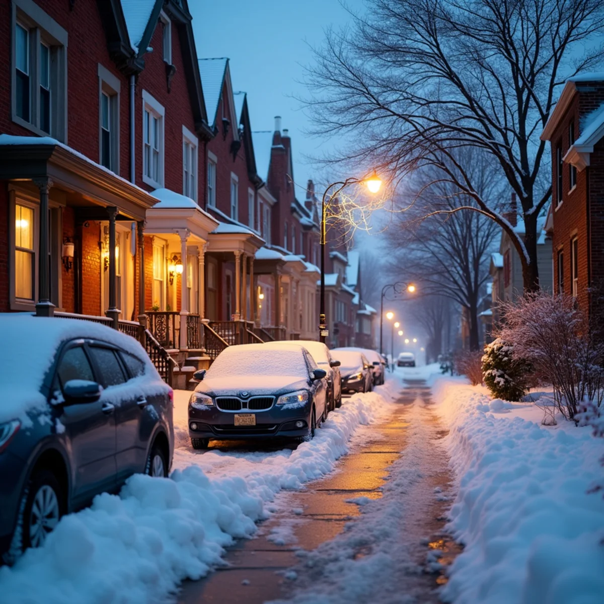 Snow-covered street of two- and three-family brick houses in the City of Newburgh, NY on a winter evening