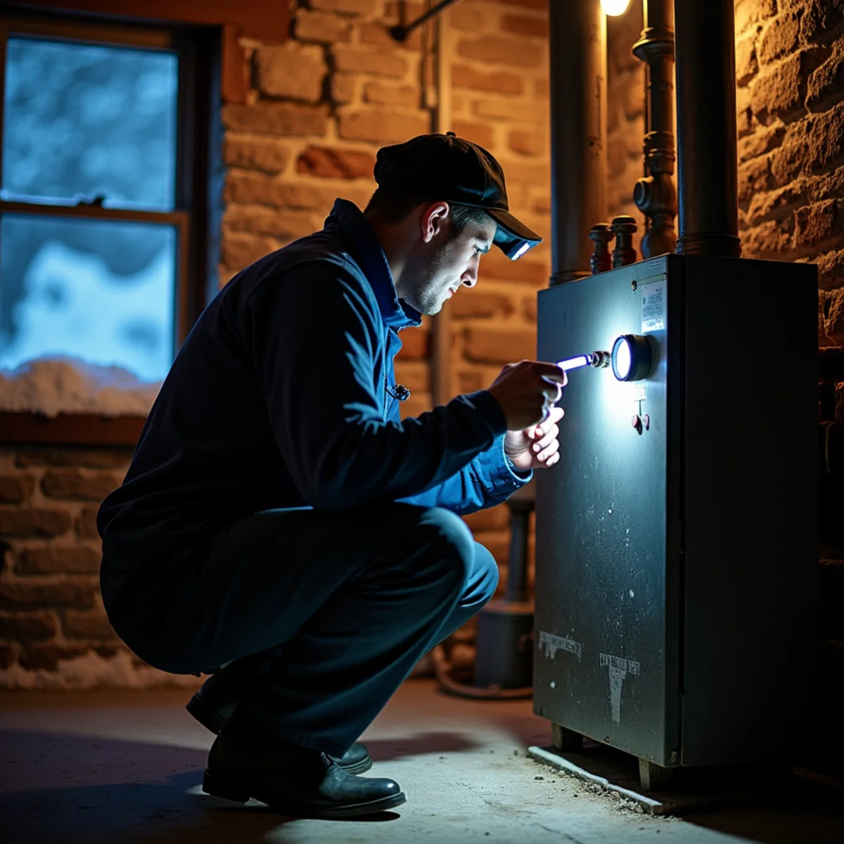 Technician with a headlamp checking a cast-iron boiler in a Newburgh, NY rowhouse basement on a winter night