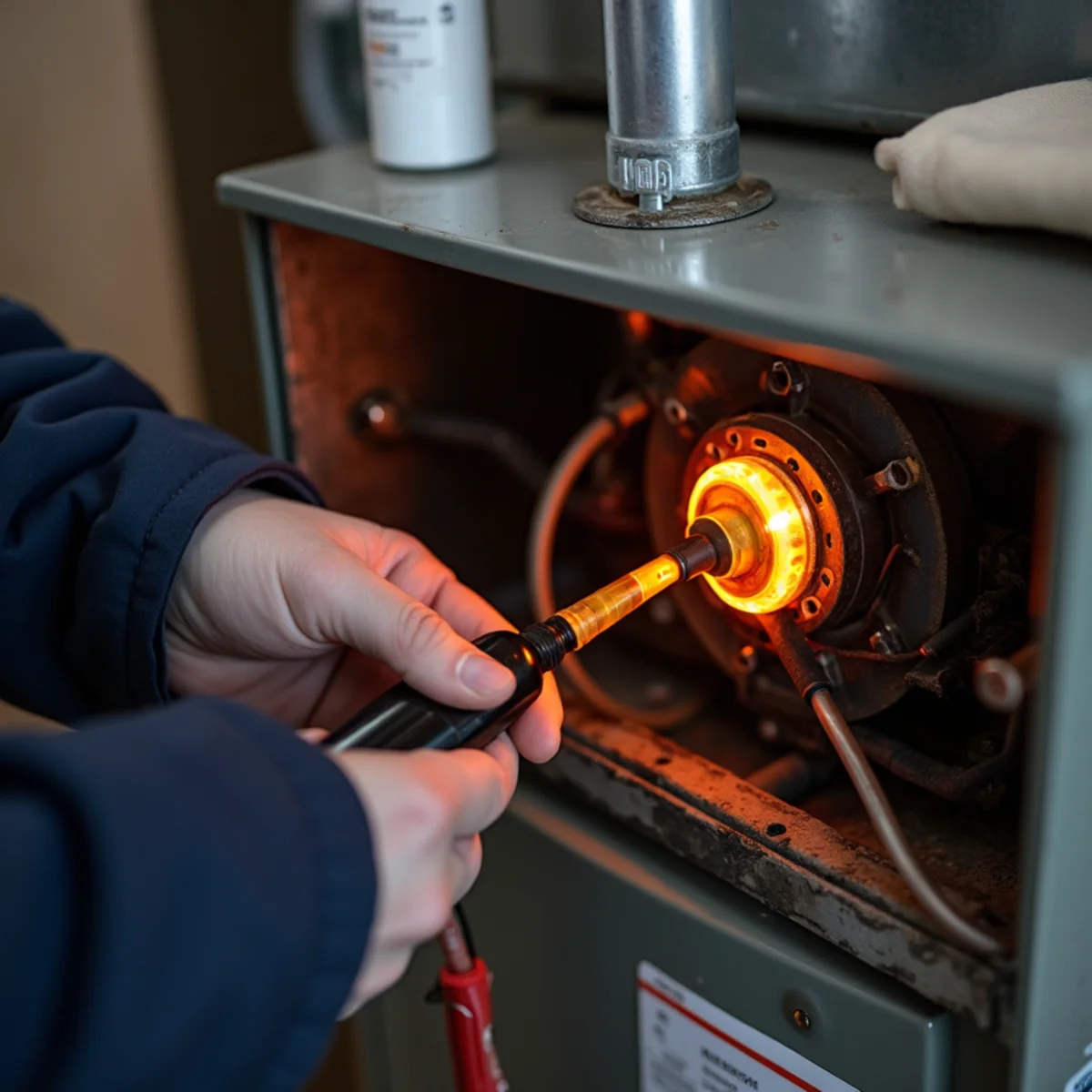 Close-up of a hot surface igniter and flame sensor during gas furnace repair in Newburgh, NY