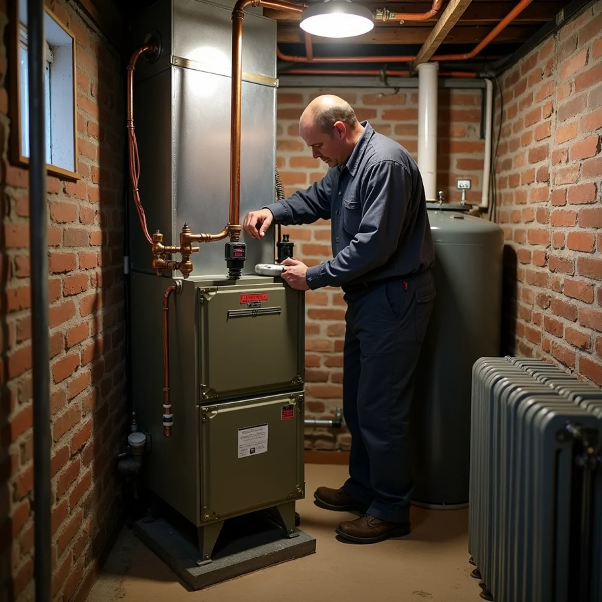 Oil-fired furnace burner, filter and basement oil tank in an older Newburgh, NY house
