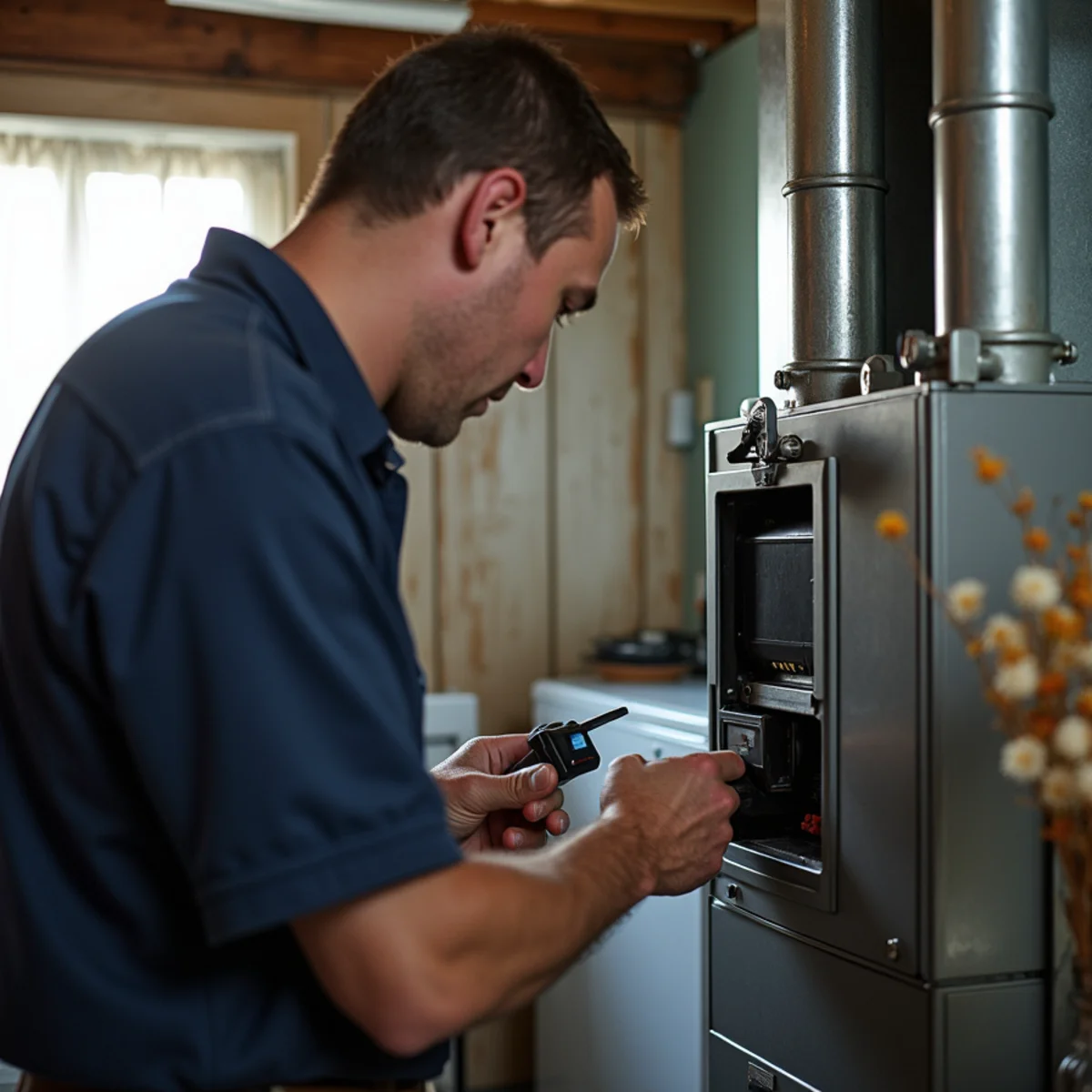 Technician inspecting a furnace heat exchanger with a camera in a Newburgh, NY split-level home