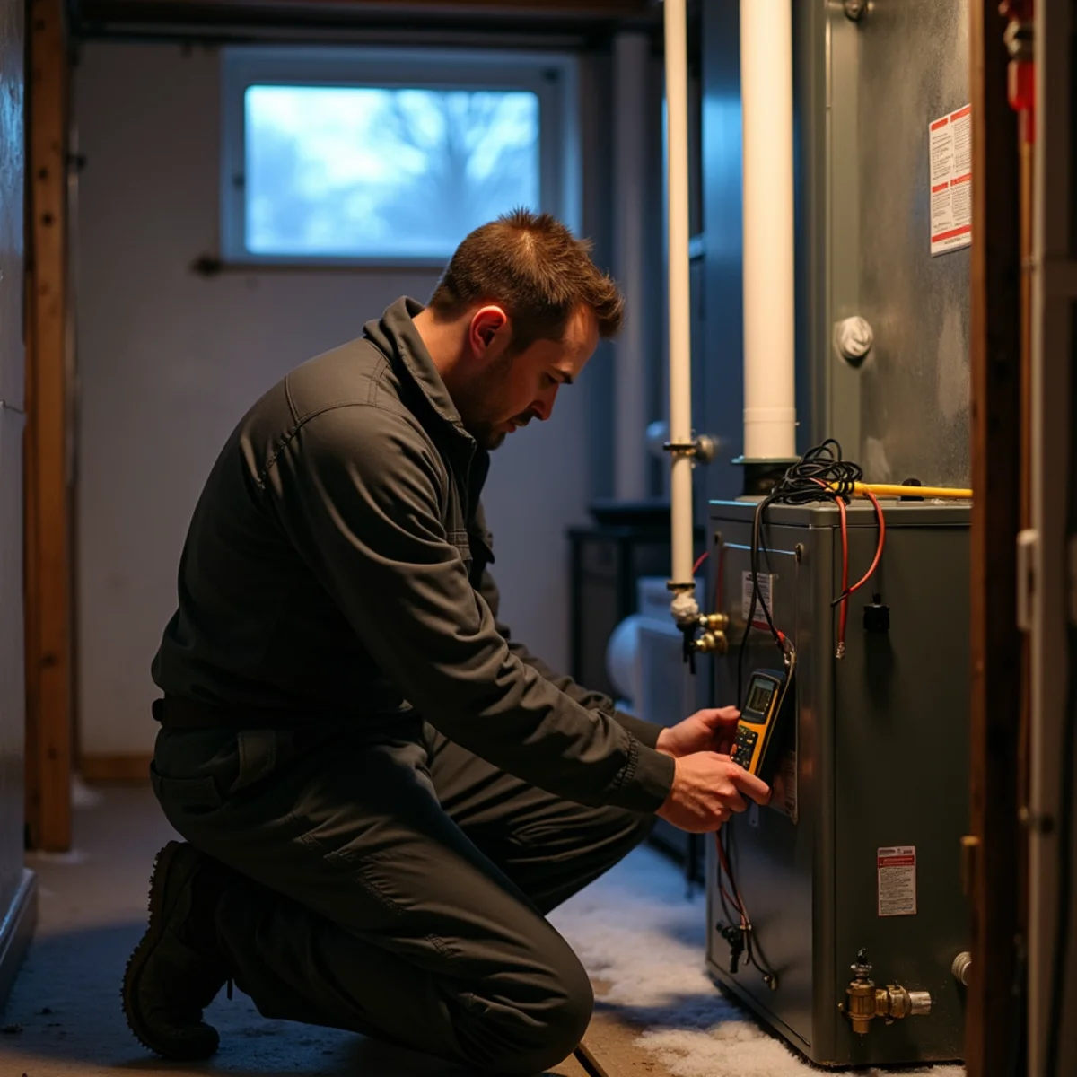 Technician testing a gas furnace in the basement of a Town of Newburgh, NY colonial on a winter evening