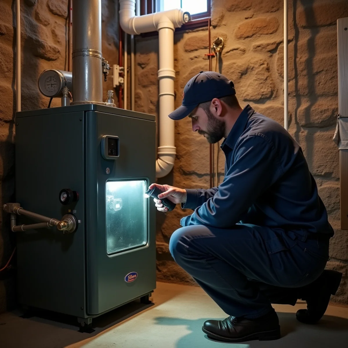 HVAC technician inspecting a boiler with a flashlight in a stone-walled Newburgh, NY basement