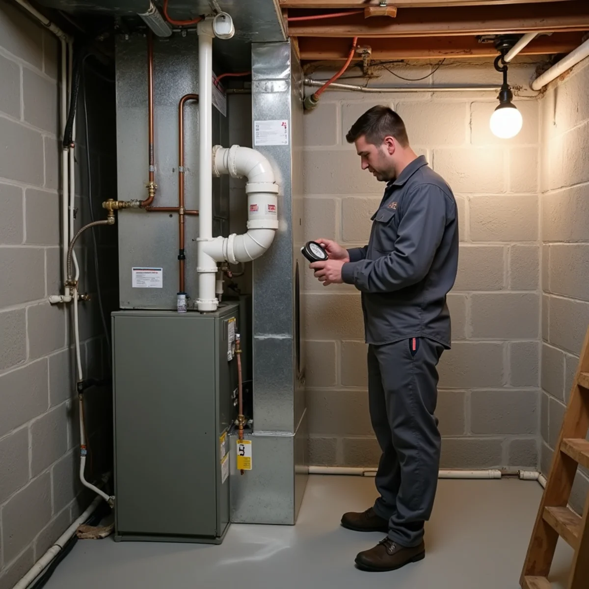 New high-efficiency gas furnace with white PVC vent pipes installed in a basement in New Windsor, NY