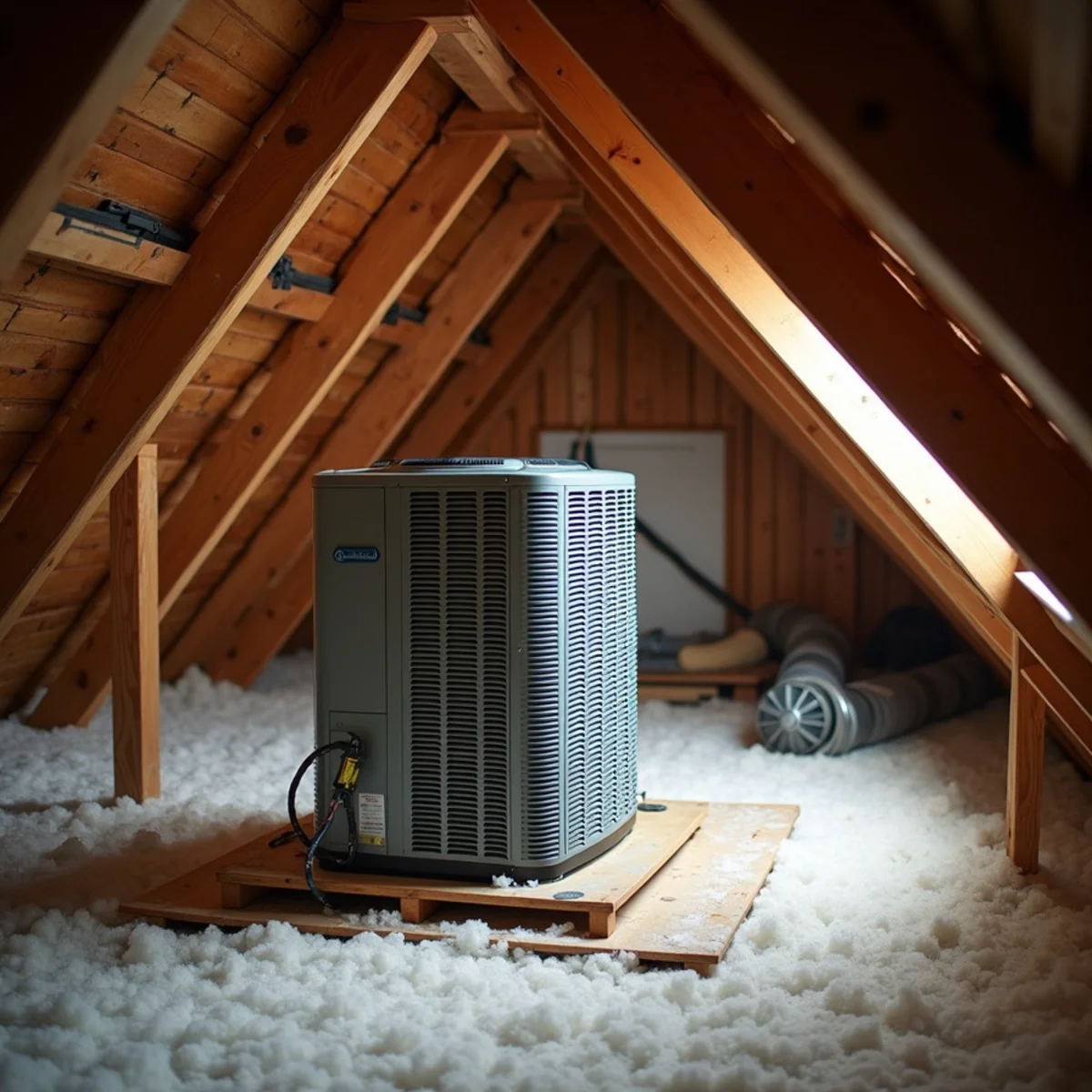New attic air handler with insulated flexible ducts above the second floor of an older Cornwall-on-Hudson, NY house