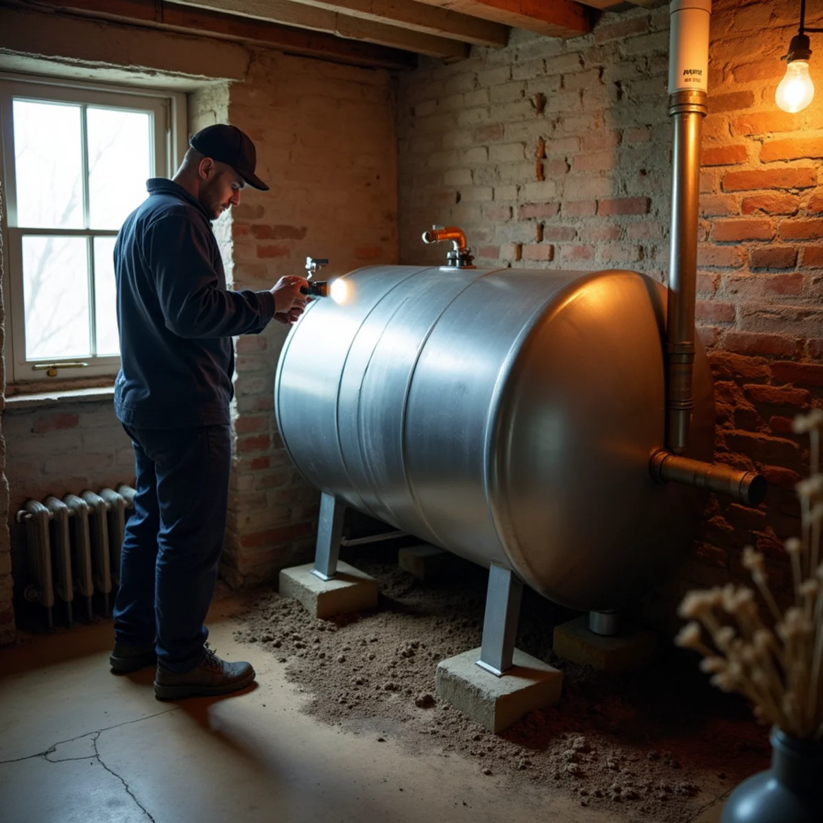 Older basement oil tank beside an oil-fired furnace in a Newburgh, NY home being evaluated for conversion