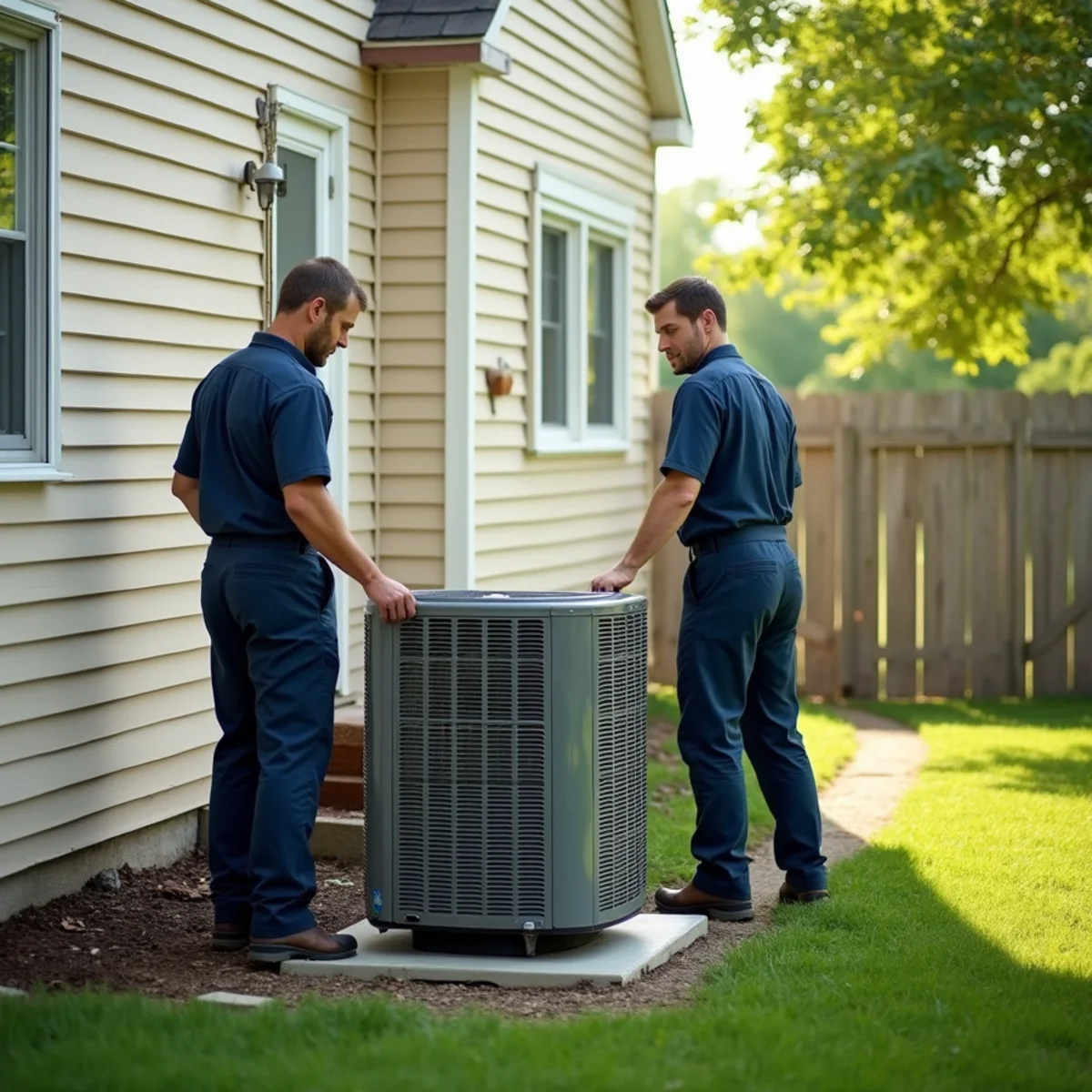 Installers setting a new central air condenser beside a vinyl-sided colonial in the Town of Newburgh, NY