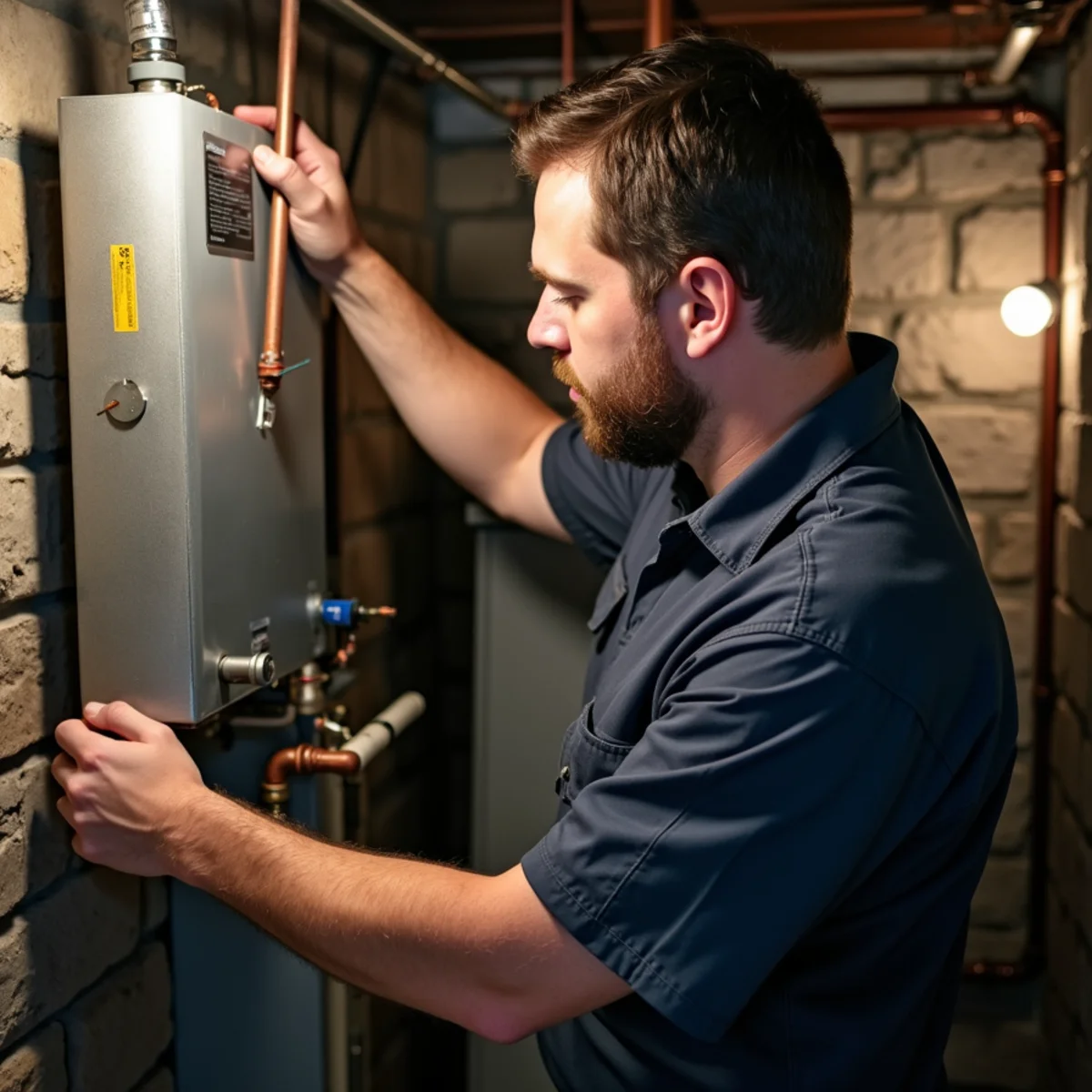 HVAC technician servicing a wall-mounted boiler in the stone basement of an older Newburgh, NY home