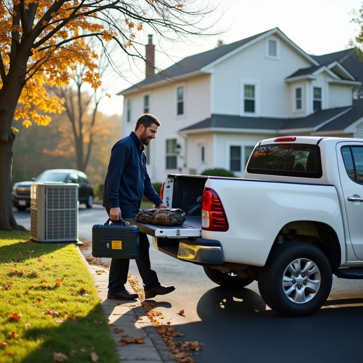 HVAC technician unloading tools from an unmarked truck outside a colonial home in the Town of Newburgh, NY