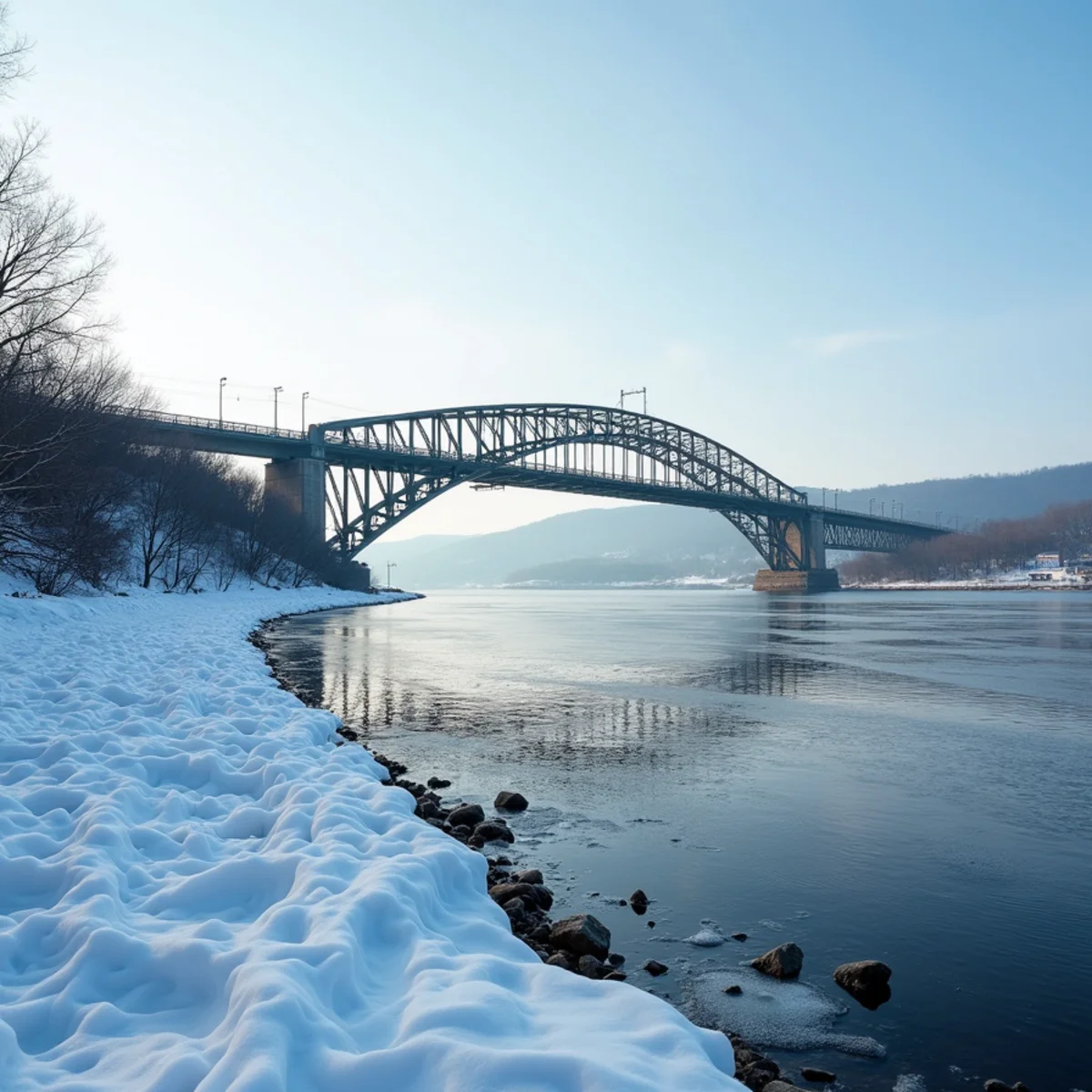 Bridge over the snowy Hudson River shoreline, the crossing technicians use to reach Beacon, NY