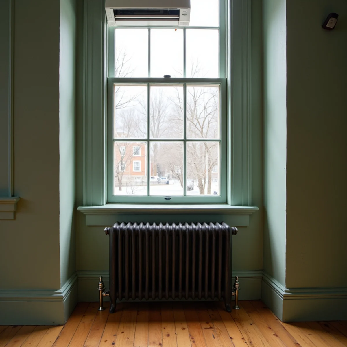 Cast-iron steam radiator under a tall window in a Victorian house in Beacon, NY
