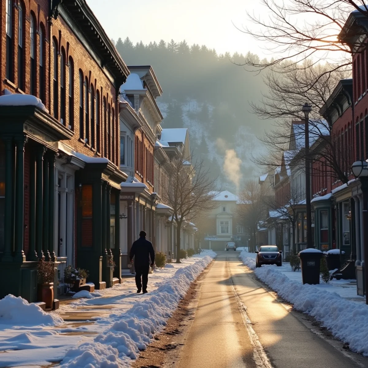 Brick and Victorian buildings on Main Street in Beacon, NY with Mount Beacon behind them in winter