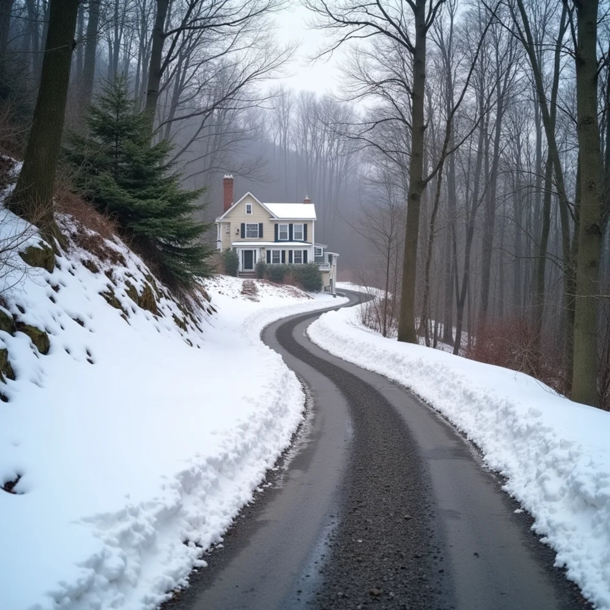 Steep snowy driveway to a hillside home in Cornwall, NY on a winter morning