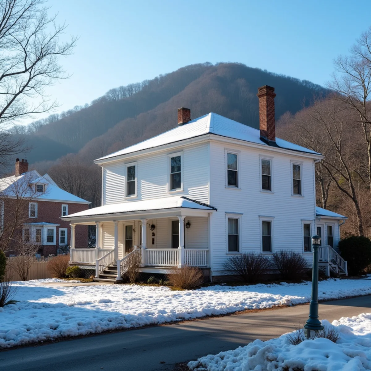 Older frame house in Cornwall-on-Hudson, NY with Storm King Mountain behind it after a snowfall