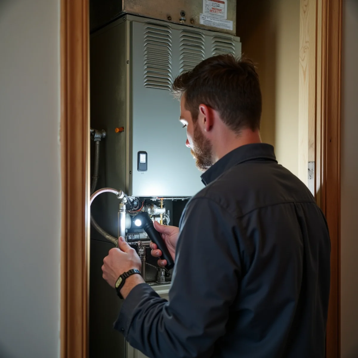 Technician checking the air handler in a utility closet of a Fishkill, NY townhome