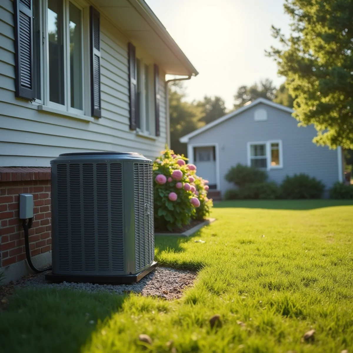 Central AC condenser beside a split-level home in a Fishkill, NY subdivision on a summer afternoon