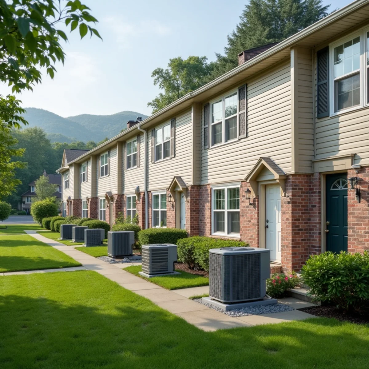 Row of townhomes in Fishkill, NY with heat pump condensers lined up on pads along the back