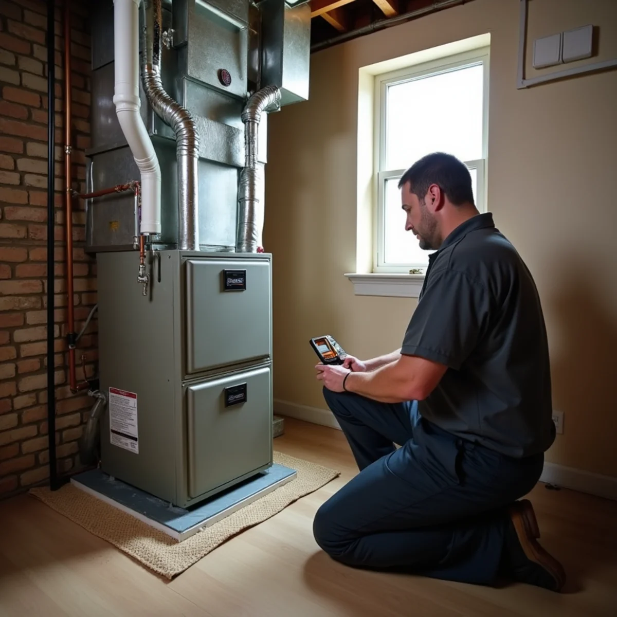 Gas furnace and central AC coil in the basement of a New Windsor, NY subdivision home