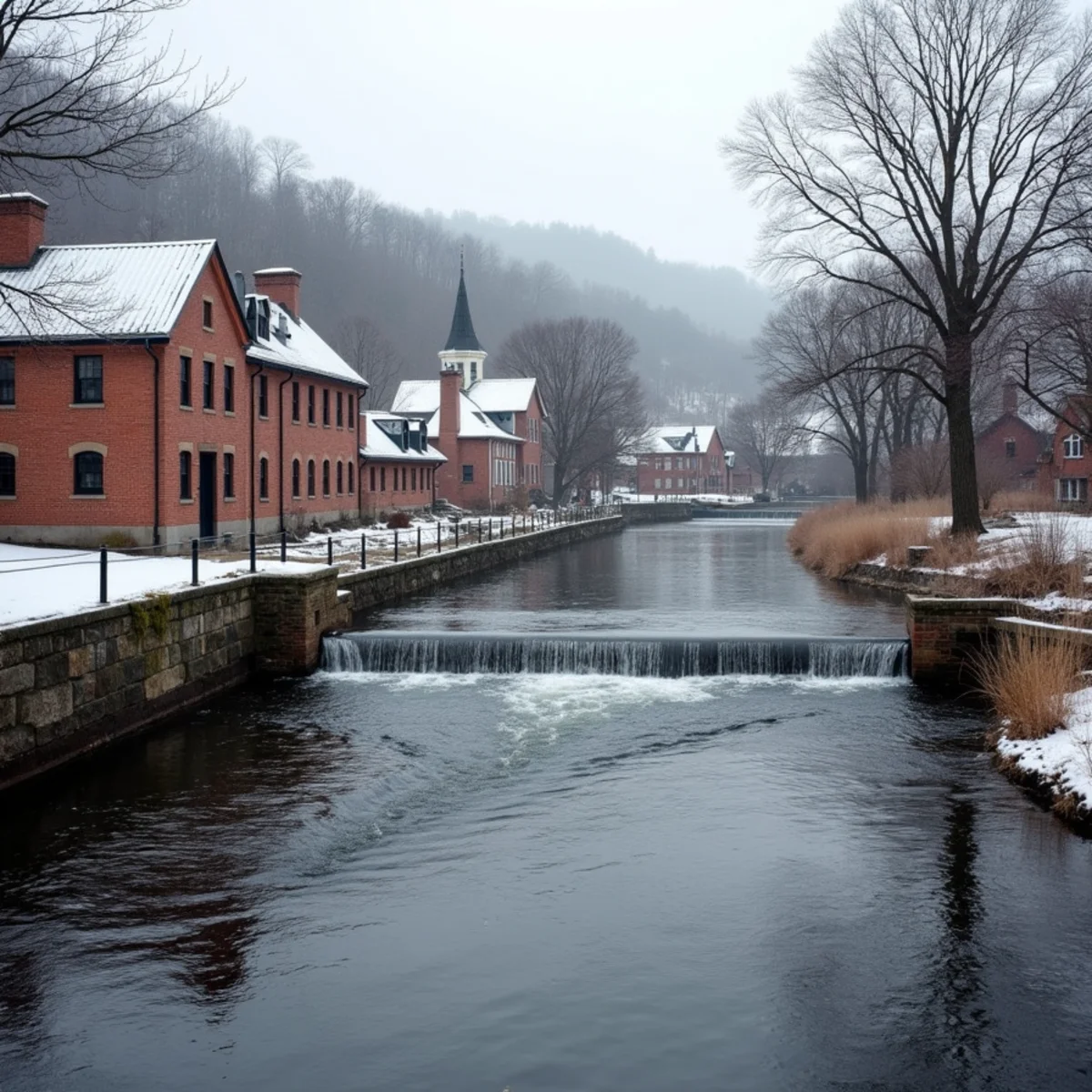 Wallkill River running past the village of Walden, NY on a cold winter day