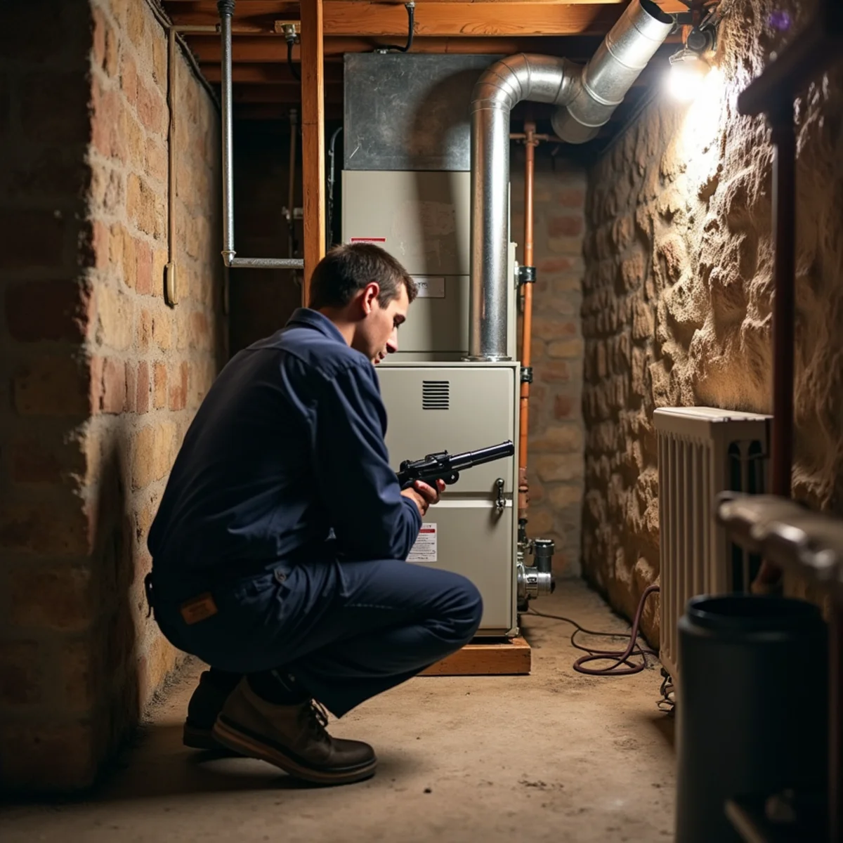 Older oil-fired furnace and oil tank in a fieldstone basement of a Walden, NY house