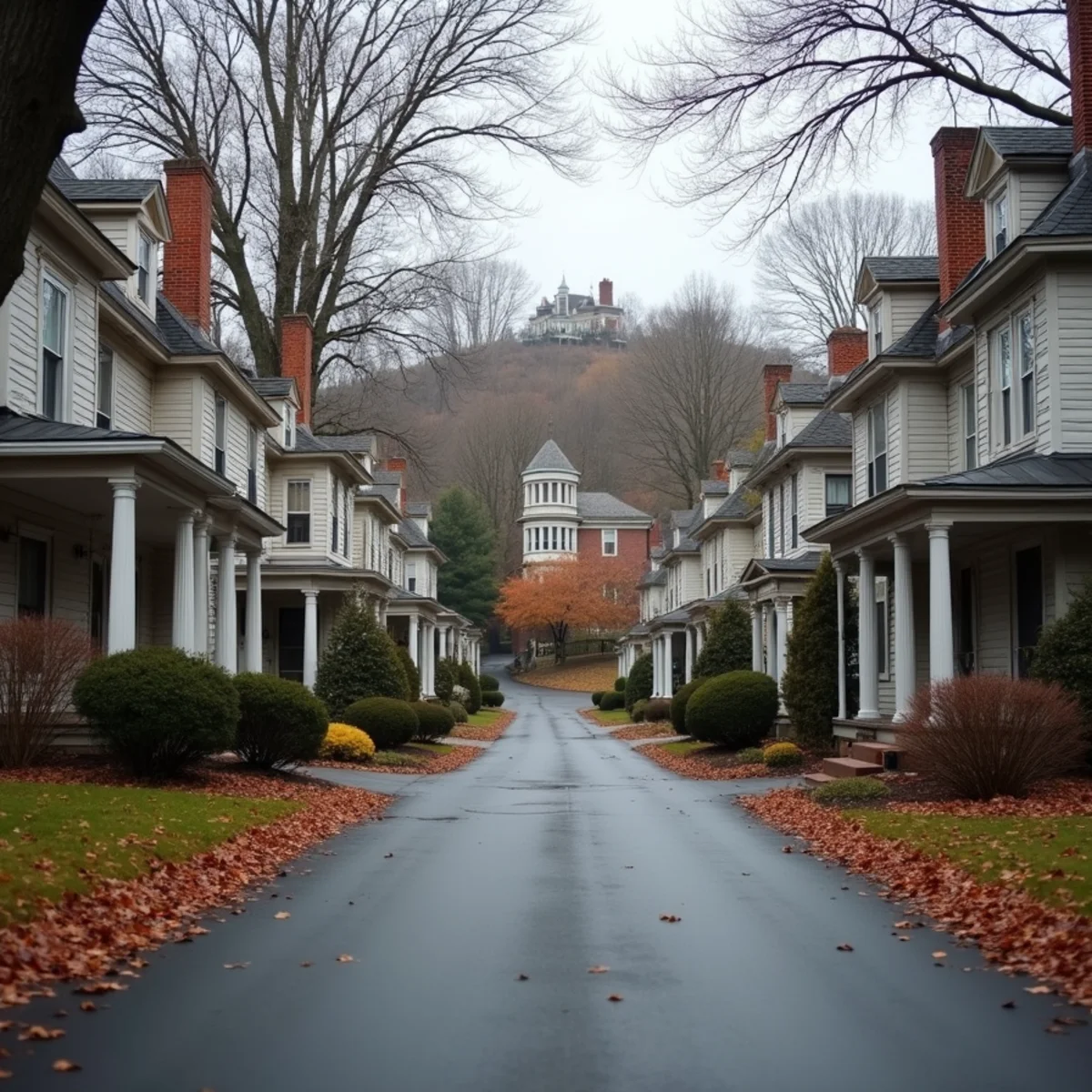 Older two-story houses on a residential street in the village of Walden, NY in late autumn